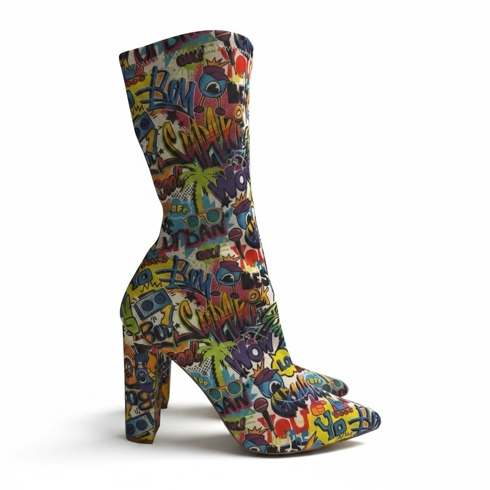 Shoe Republic LA Graffiti Comic Print Sock Boots Block Heel Pop Art Womens 10